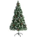 Brad Crăciun Artificial 2,1m – Verde, Decorat cu Conuri Roșii și Zăpadă, Suport Inclus