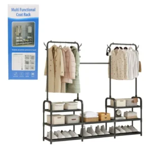 Dulap Organizator Metalic 164x137x26cm cu 2 Bare pentru Haine și 3 Rafturi – Stabil și Spațios pentru Depozitare